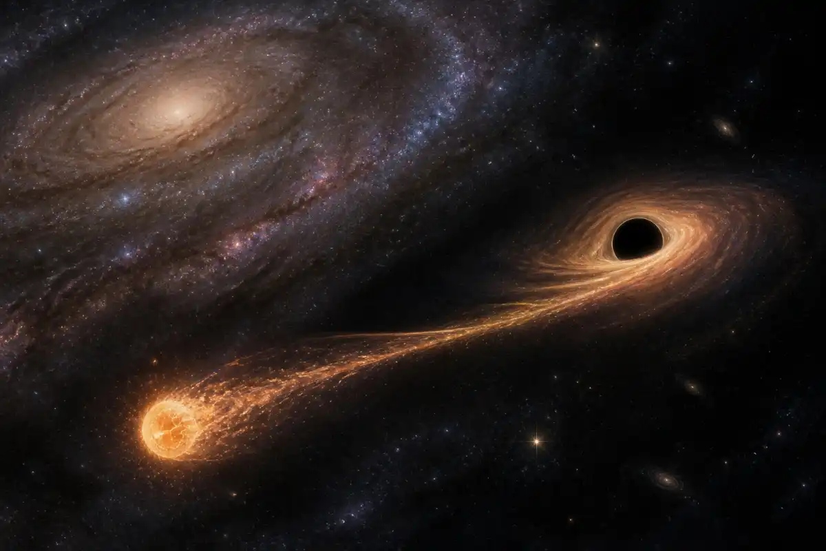 Editorial illustration of a wandering supermassive black hole pulling a star into a bright tidal stream
