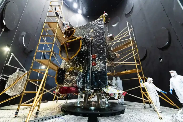 A spacecraft structure tested inside a thermal vacuum chamber