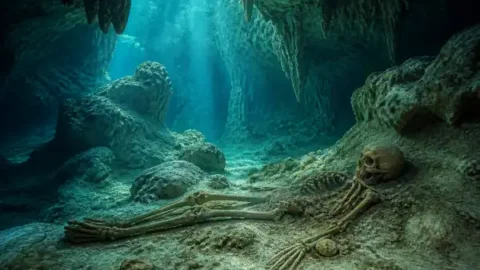 Prehistoric human skeleton in a flooded Yucatán cave