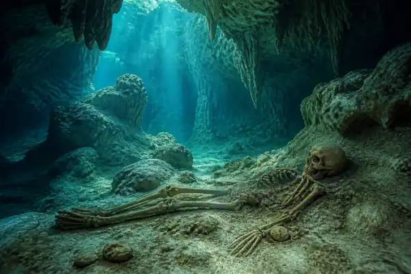 Prehistoric human skeleton in a flooded Yucatán cave