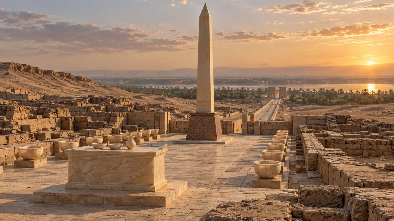 Interpretive illustration of Abu Ghurab’s Old Kingdom Egyptian sun temple with its altar, obelisk and alabaster basins.