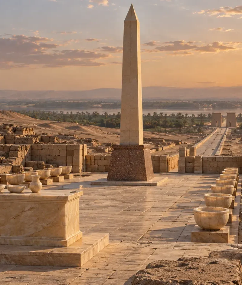Interpretive illustration of Abu Ghurab’s Old Kingdom Egyptian sun temple with its altar, obelisk and alabaster basins.
