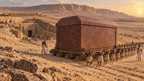 Interpretive illustration of a massive red quartzite sarcophagus chamber being moved across the desert toward Abydos.