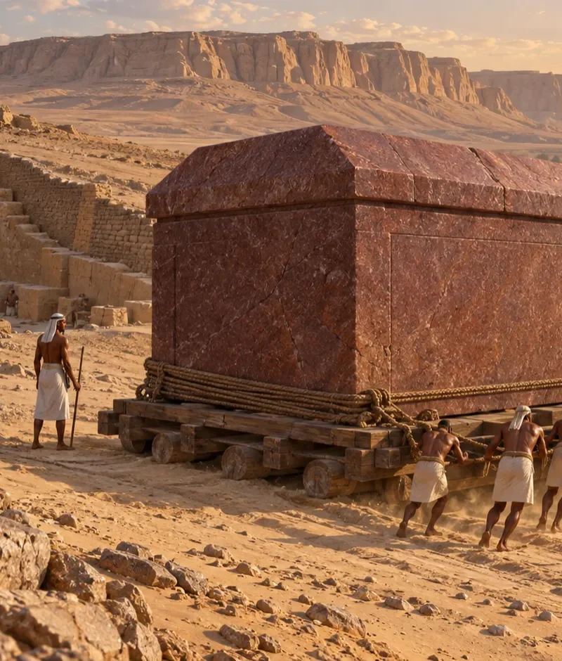 Interpretive illustration of a massive red quartzite sarcophagus chamber being moved across the desert toward Abydos.