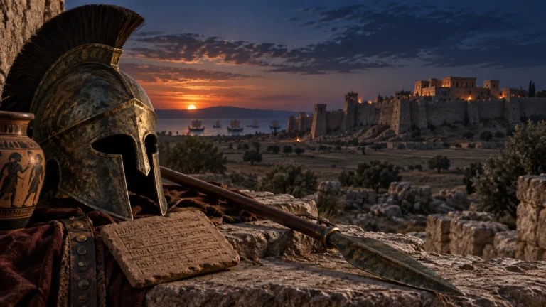 Interpretive illustration of a Bronze Age helmet, spear and clay tablet before a walled city evoking Troy at sunset.
