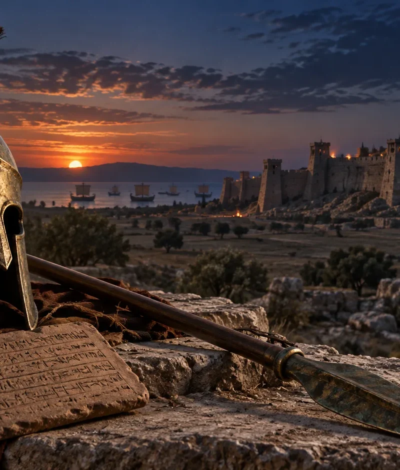 Interpretive illustration of a Bronze Age helmet, spear and clay tablet before a walled city evoking Troy at sunset.