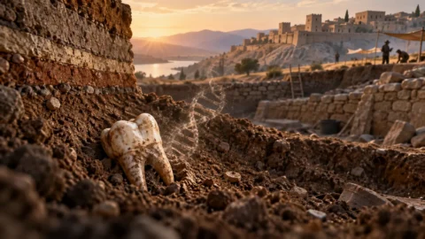 Archaeologist excavating an ancient settlement while a DNA strand and tooth sample represent what ancient genomes can reveal about city founders