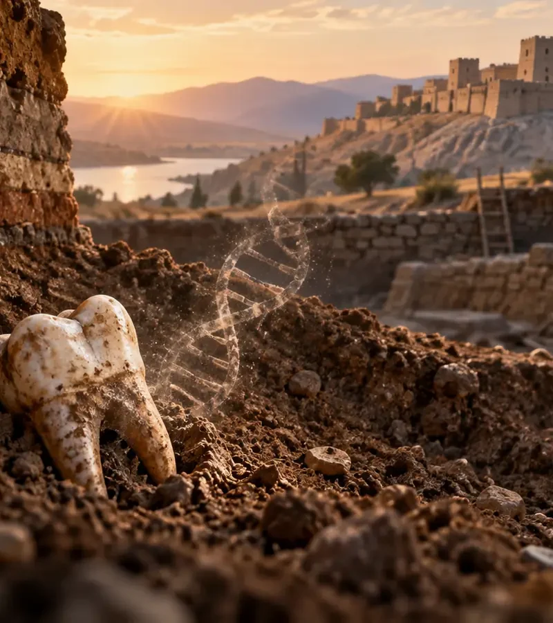Archaeologist excavating an ancient settlement while a DNA strand and tooth sample represent what ancient genomes can reveal about city founders