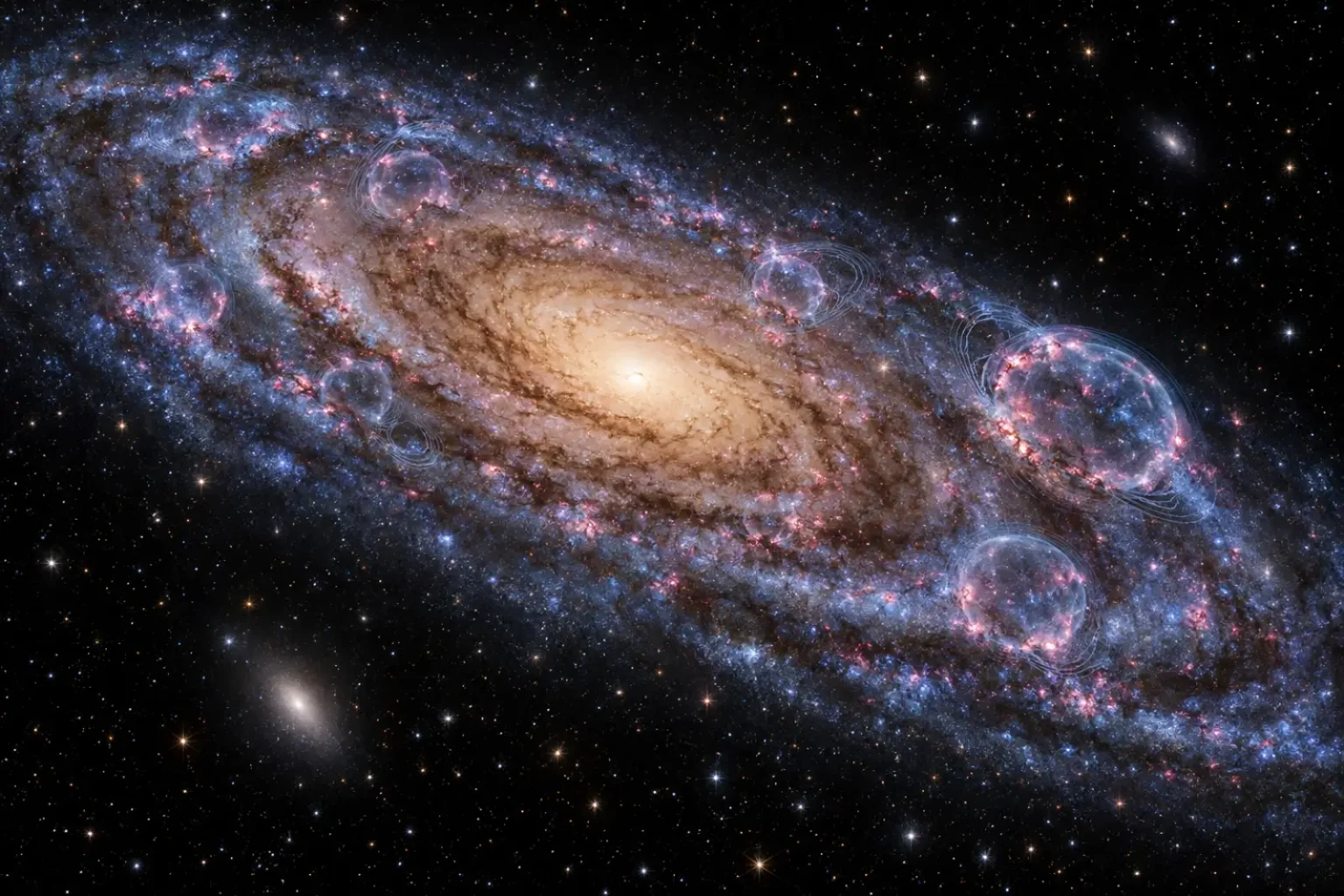 Illustration of Andromeda with expanding hydrogen superbubbles across its spiral disk