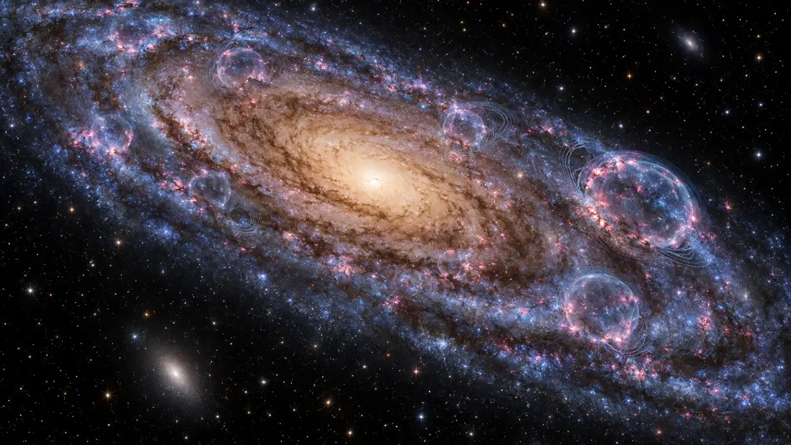 Illustration of Andromeda with expanding hydrogen superbubbles across its spiral disk