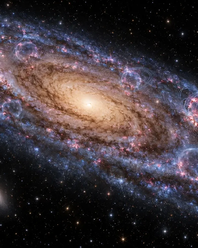 Illustration of Andromeda with expanding hydrogen superbubbles across its spiral disk