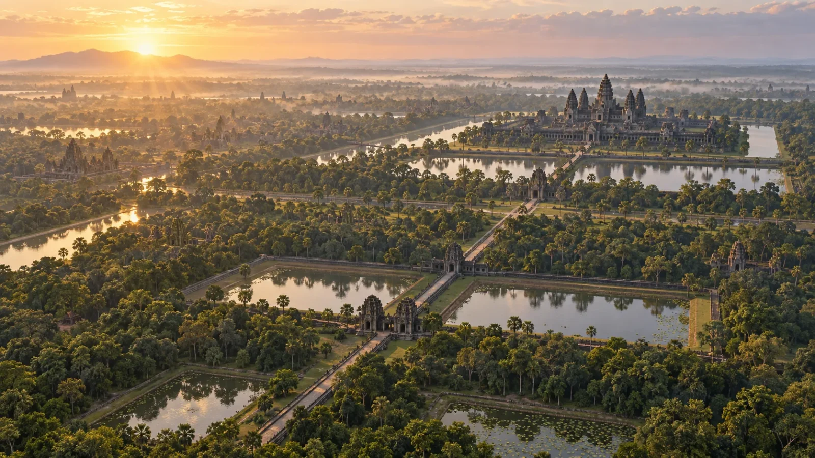 Interpretive illustration of Angkor temples, reservoirs, canals and forested urban landscape