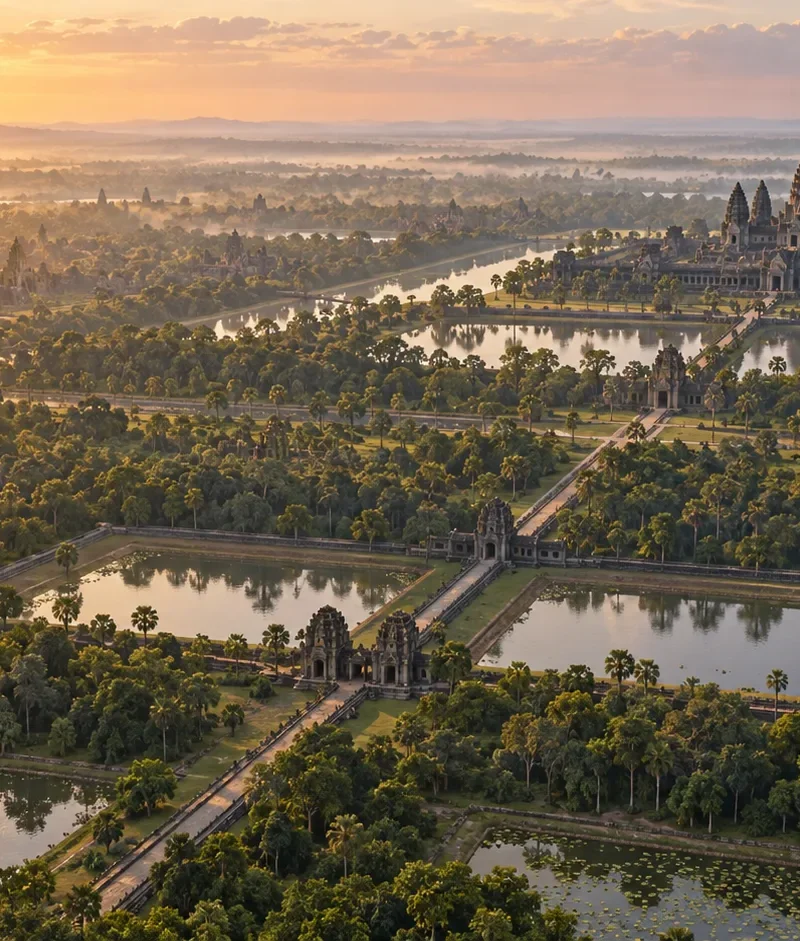 Interpretive illustration of Angkor temples, reservoirs, canals and forested urban landscape