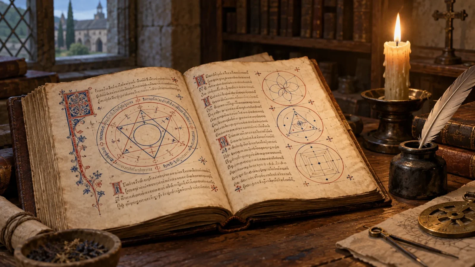Interpretive illustration of a medieval Ars Notoria manuscript with geometric diagrams on a candlelit desk