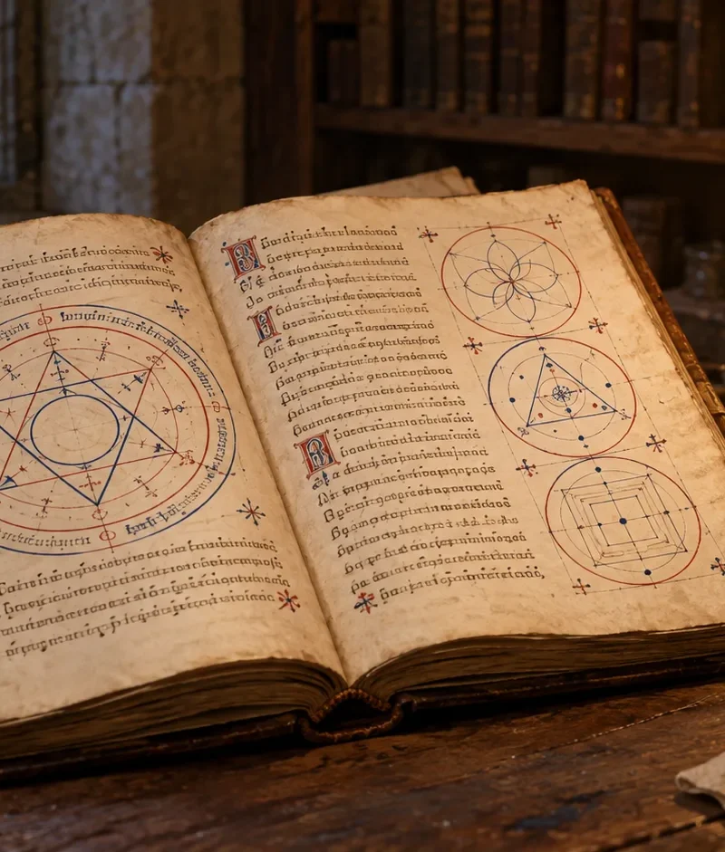 Interpretive illustration of a medieval Ars Notoria manuscript with geometric diagrams on a candlelit desk