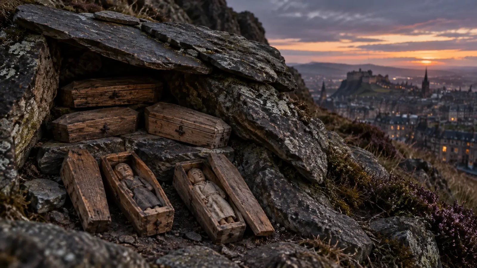 Generated editorial illustration of tiny wooden coffins arranged beneath slate on Arthur’s Seat above Edinburgh.