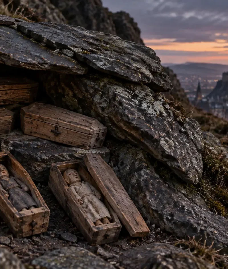 Generated editorial illustration of tiny wooden coffins arranged beneath slate on Arthur’s Seat above Edinburgh.
