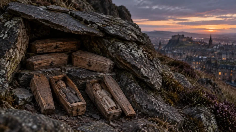 Generated editorial illustration of tiny wooden coffins arranged beneath slate on Arthur’s Seat above Edinburgh.