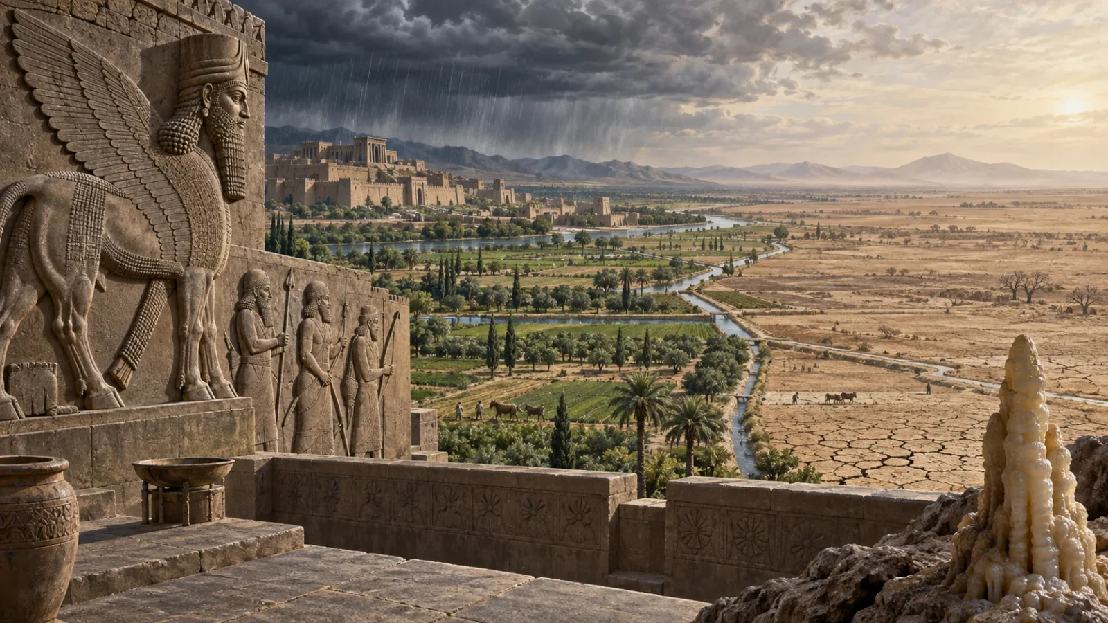 Interpretive illustration of the Neo-Assyrian heartland shifting from wet fields to drought beside an Assyrian relief.