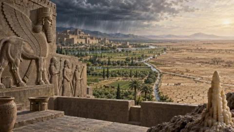 Interpretive illustration of the Neo-Assyrian heartland shifting from wet fields to drought beside an Assyrian relief.