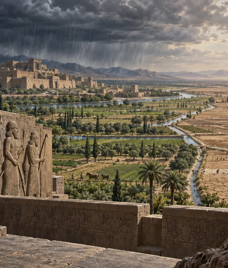 Interpretive illustration of the Neo-Assyrian heartland shifting from wet fields to drought beside an Assyrian relief.