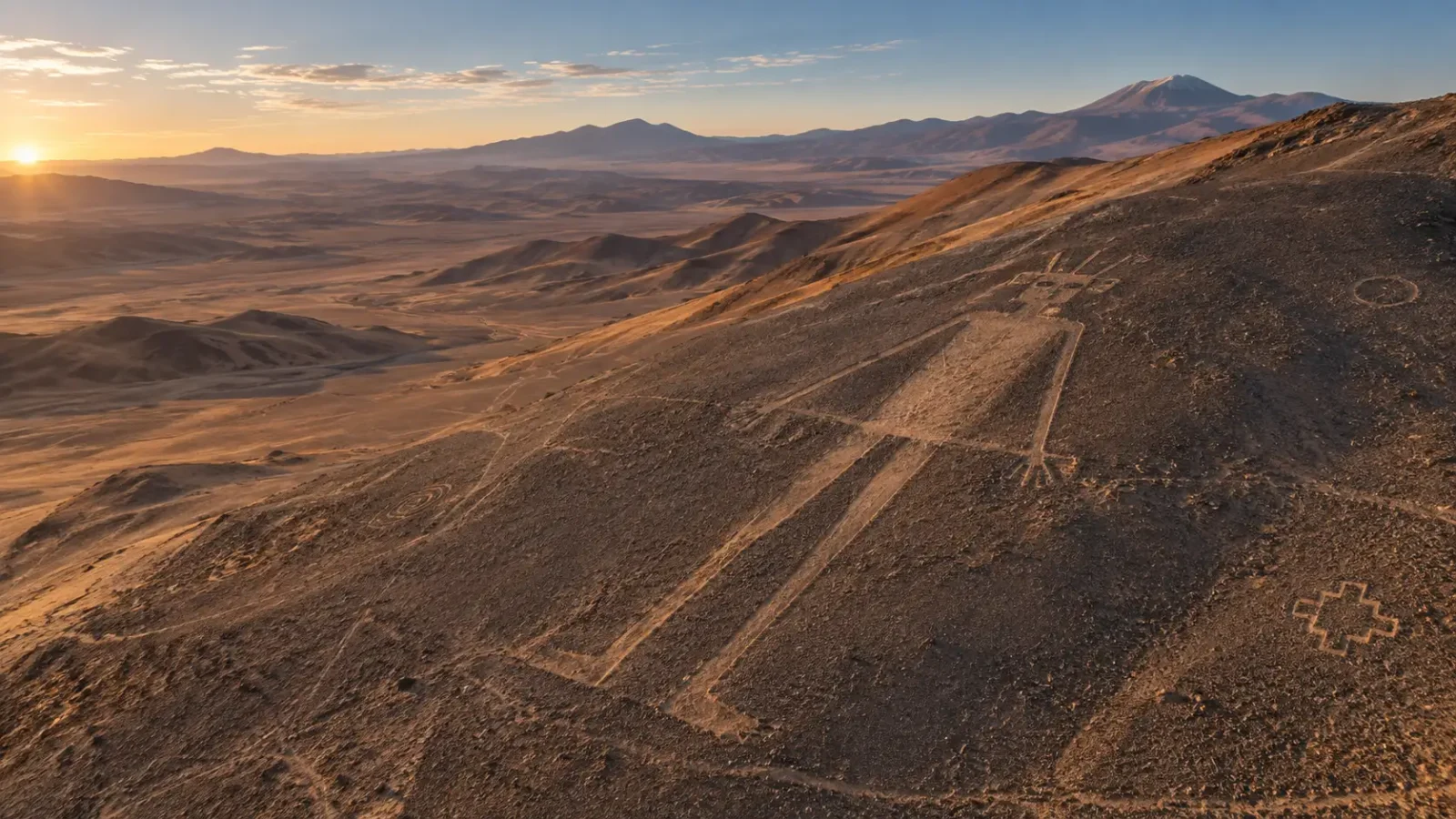 Interpretive illustration of Chile's Atacama Giant geoglyph on a desert hillside with caravan routes and smaller geoglyphs in the distance.