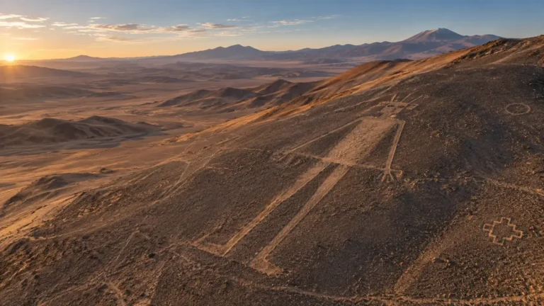 Interpretive illustration of Chile's Atacama Giant geoglyph on a desert hillside with caravan routes and smaller geoglyphs in the distance.