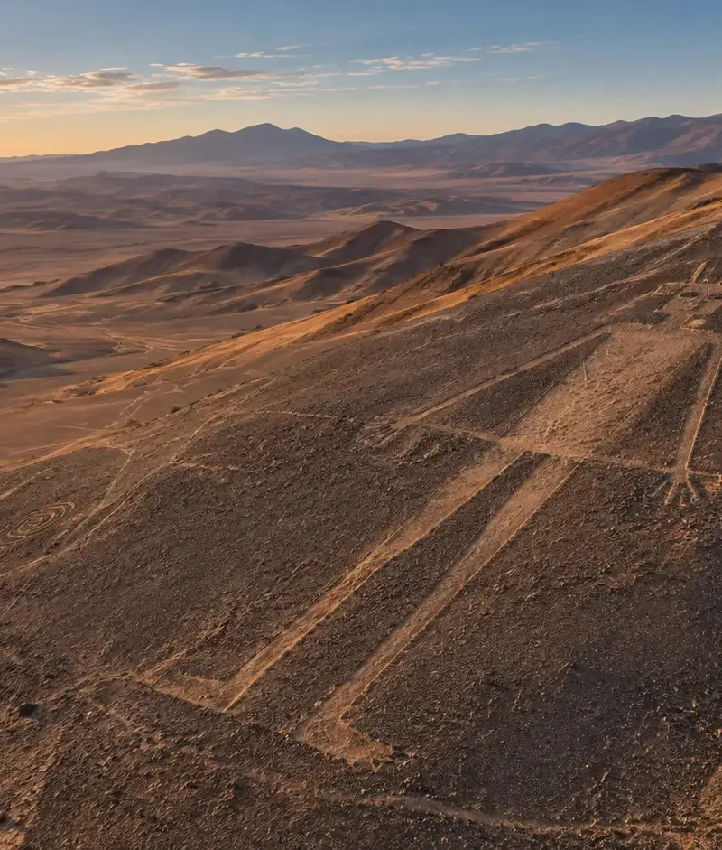 Interpretive illustration of Chile's Atacama Giant geoglyph on a desert hillside with caravan routes and smaller geoglyphs in the distance.