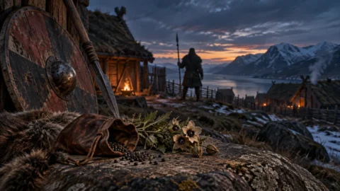 Editorial illustration of a Viking Age leather pouch with black henbane seeds beside a shield at a Scandinavian settlement