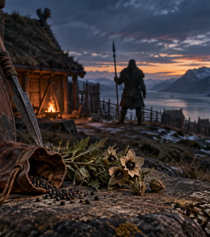 Editorial illustration of a Viking Age leather pouch with black henbane seeds beside a shield at a Scandinavian settlement