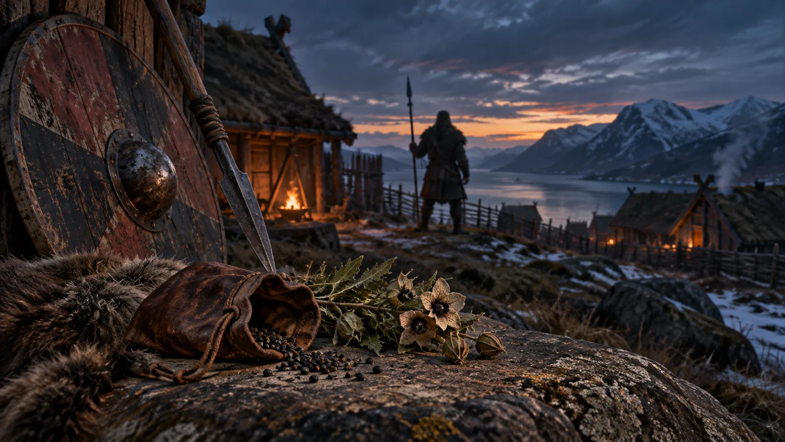 Editorial illustration of a Viking Age leather pouch with black henbane seeds beside a shield at a Scandinavian settlement