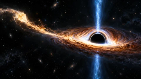 Editorial illustration of a star being torn apart as a black hole launches a blue relativistic jet