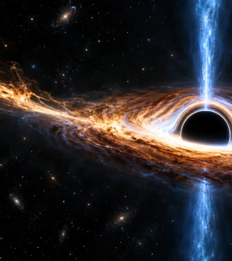 Editorial illustration of a star being torn apart as a black hole launches a blue relativistic jet