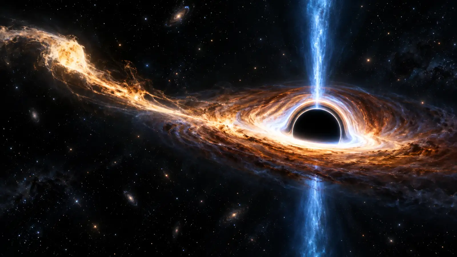 Editorial illustration of a star being torn apart as a black hole launches a blue relativistic jet