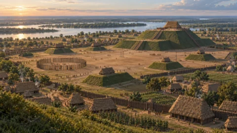 Interpretive illustration of Cahokia’s mounds, plaza and timber-circle landscape beside the Mississippi.