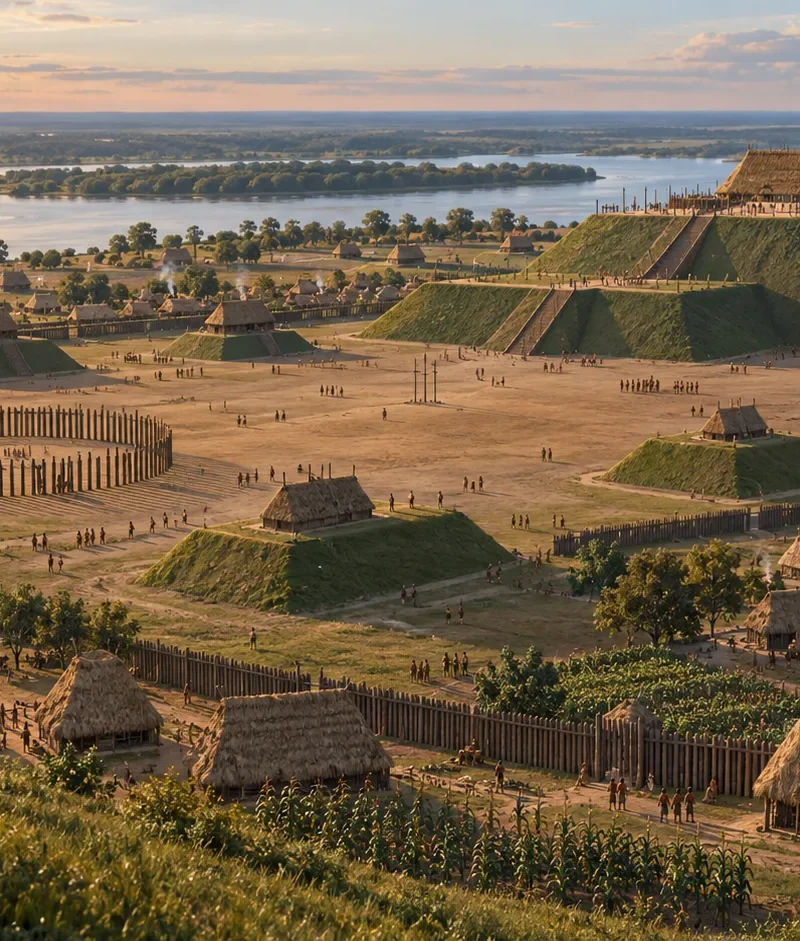 Interpretive illustration of Cahokia’s mounds, plaza and timber-circle landscape beside the Mississippi.