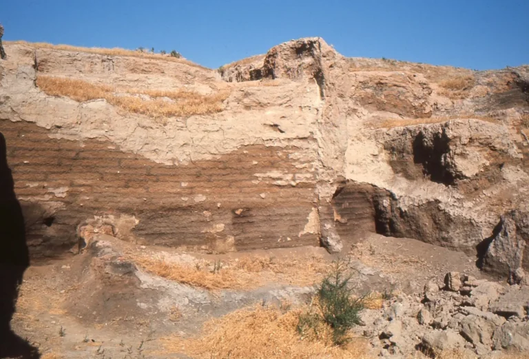 Exposed walls and layered deposits in the Çatalhöyük excavation area