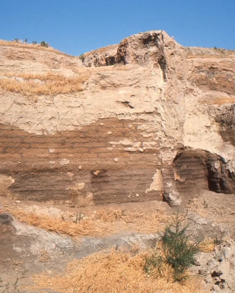 Exposed walls and layered deposits in the Çatalhöyük excavation area