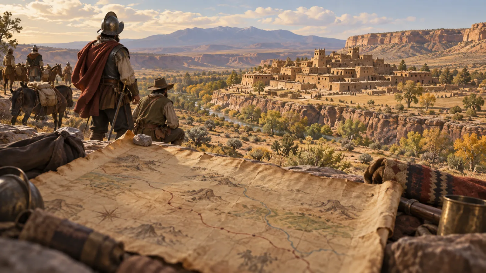 Interpretive illustration of a sixteenth-century expedition map overlooking a Pueblo settlement in the American Southwest