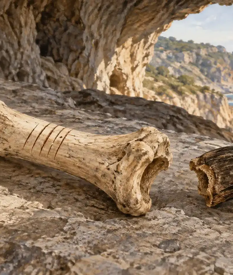 Editorial illustration of a cut-marked eagle toe bone beside its detached curved talon in a coastal cave
