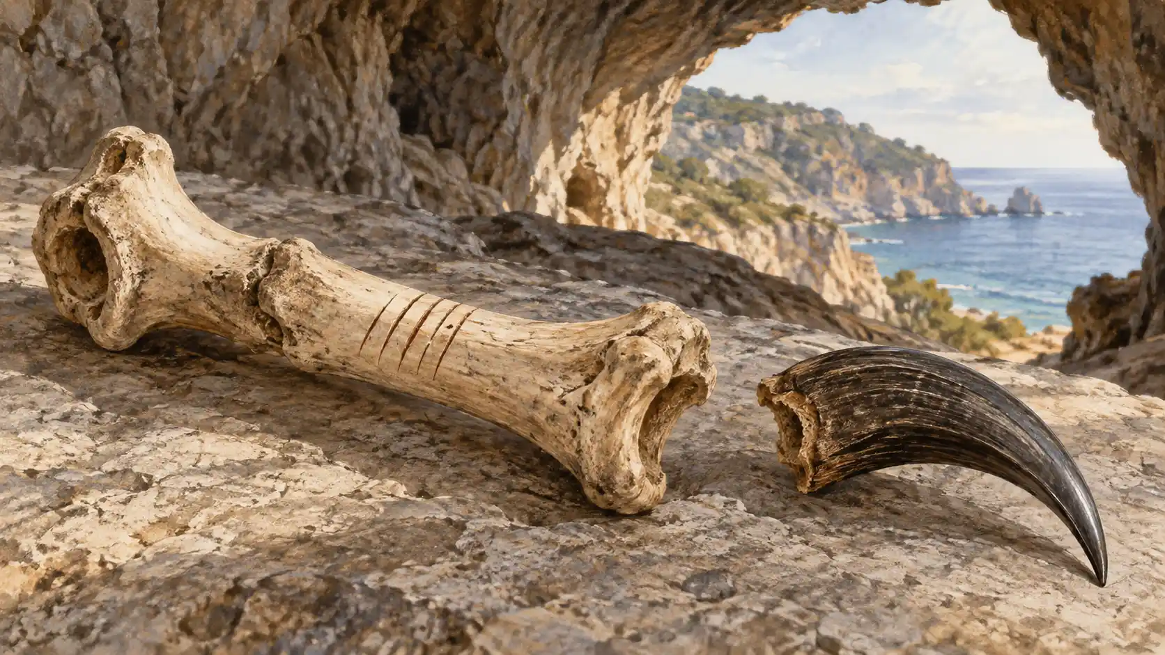 Editorial illustration of a cut-marked eagle toe bone beside its detached curved talon in a coastal cave