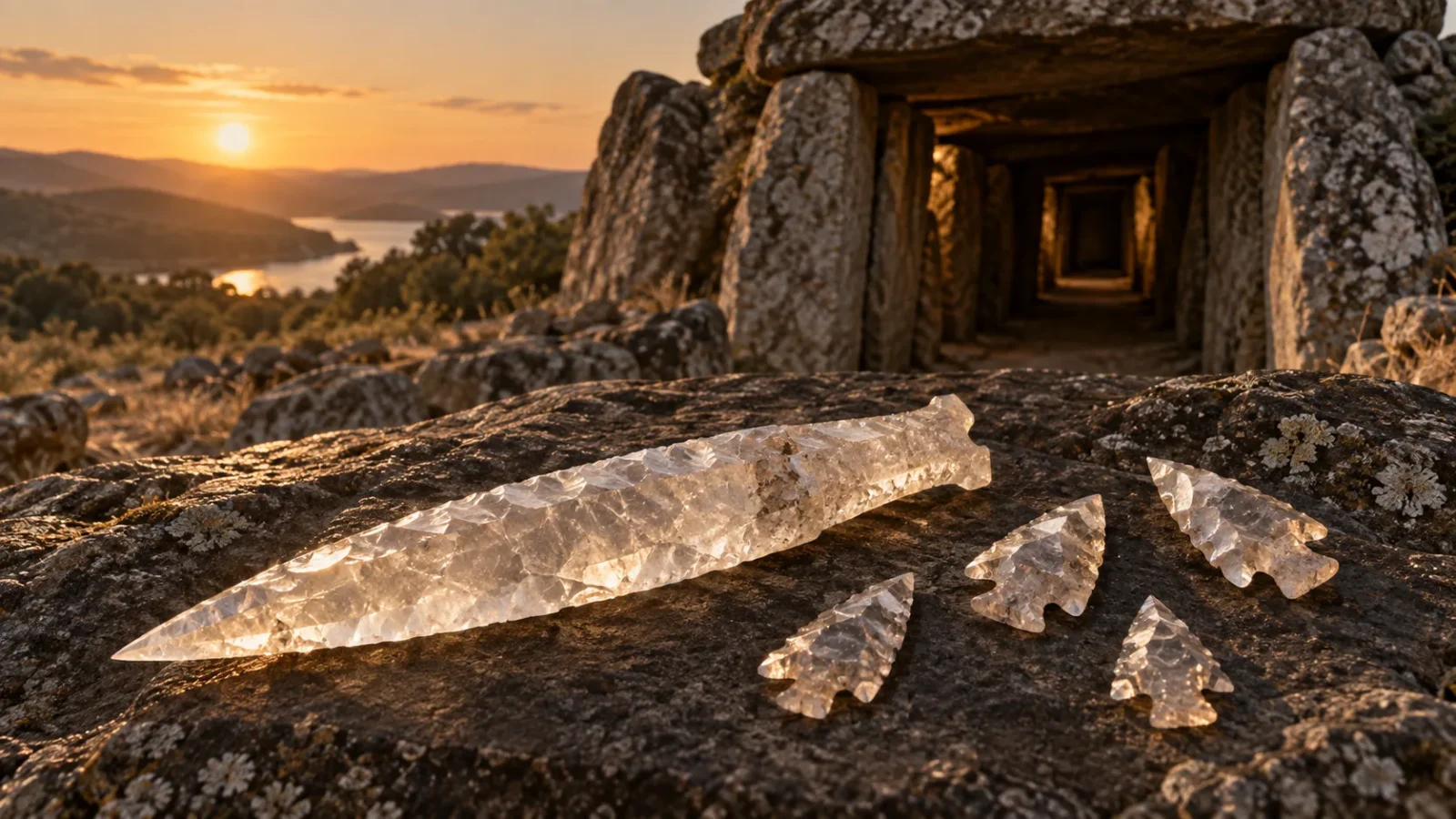 Interpretive illustration of Copper Age rock crystal blades and arrowheads beside an Iberian passage tomb