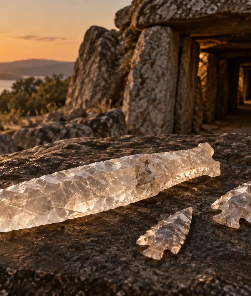 Interpretive illustration of Copper Age rock crystal blades and arrowheads beside an Iberian passage tomb