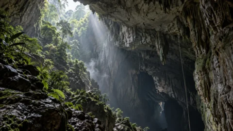 Interpretive illustration of a limestone cave entrance in Ecuador’s rainforest with oilbirds and a survey rope