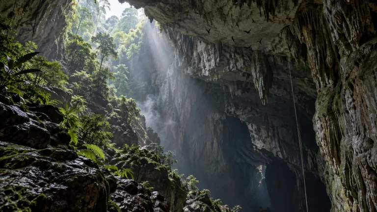 Interpretive illustration of a limestone cave entrance in Ecuador’s rainforest with oilbirds and a survey rope