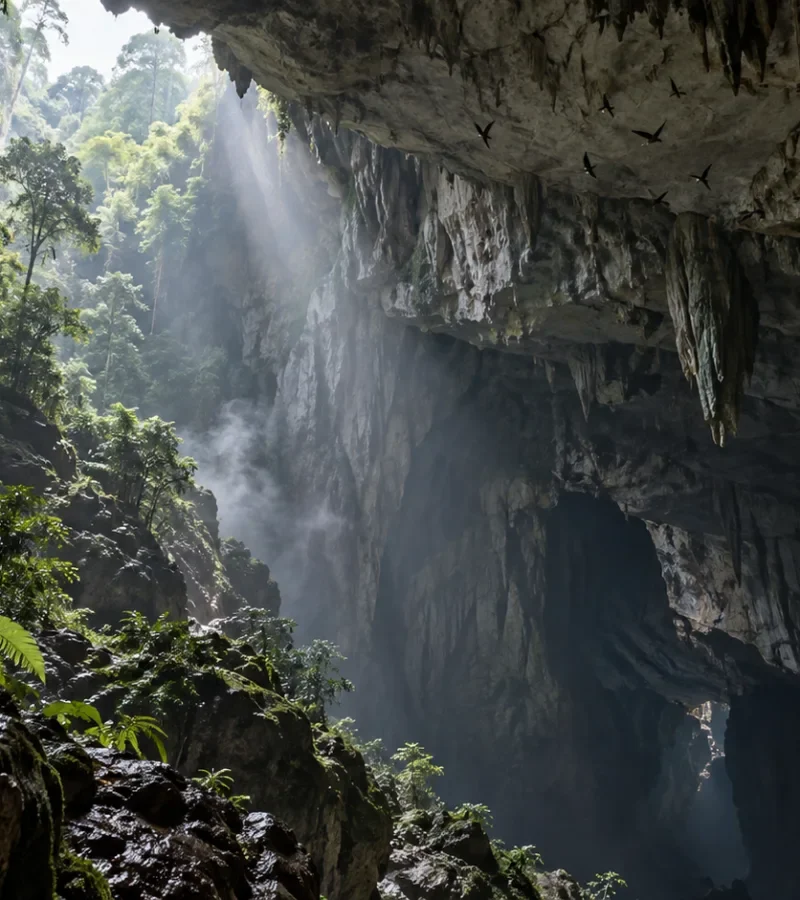 Interpretive illustration of a limestone cave entrance in Ecuador’s rainforest with oilbirds and a survey rope