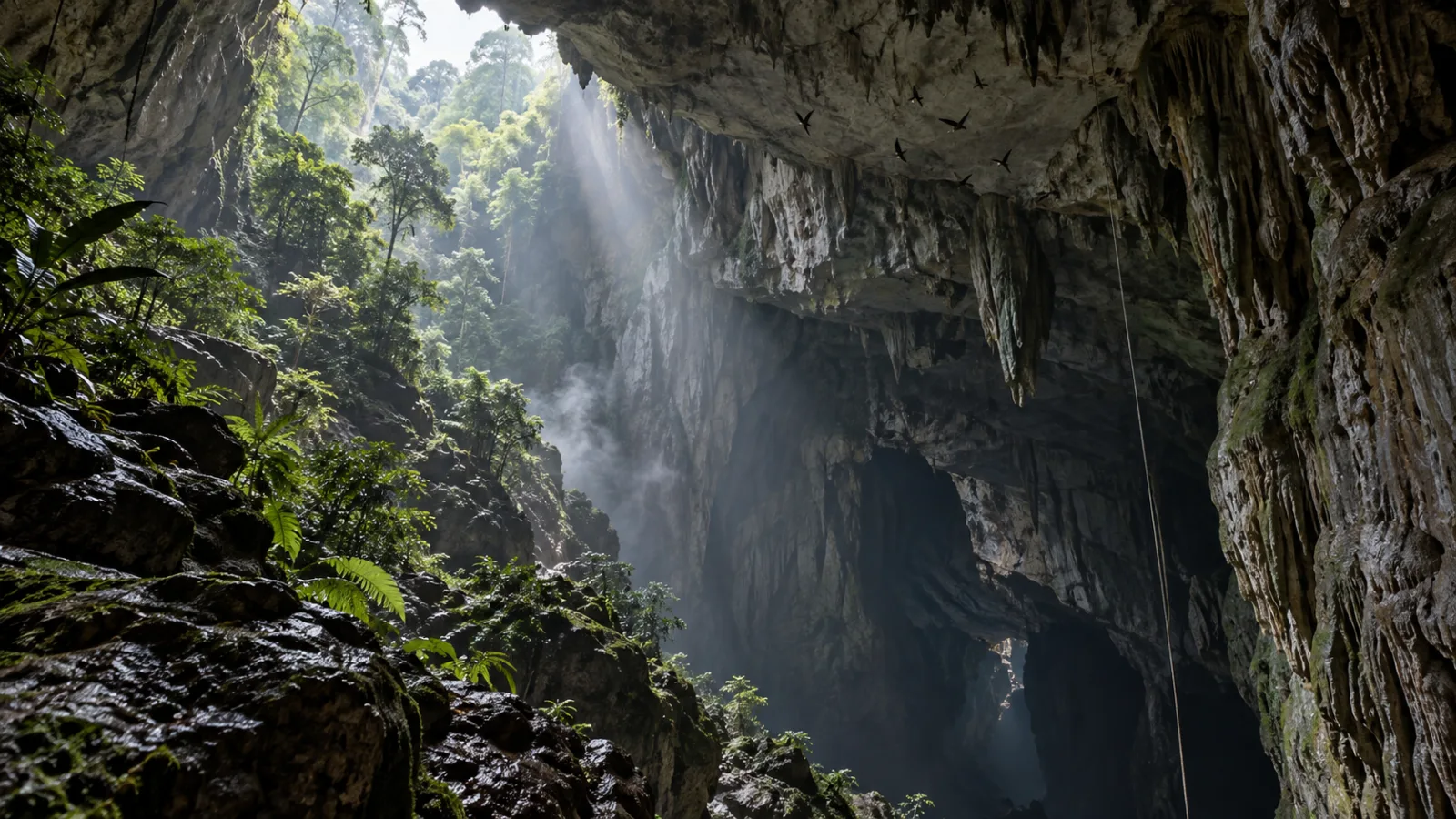 Interpretive illustration of a limestone cave entrance in Ecuador’s rainforest with oilbirds and a survey rope