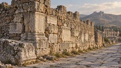 Illustrative reconstruction of a late Roman wall at Sardis built with reused temple stones and inscribed pedestals
