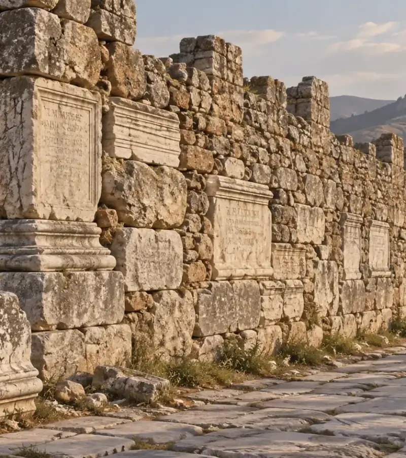 Illustrative reconstruction of a late Roman wall at Sardis built with reused temple stones and inscribed pedestals