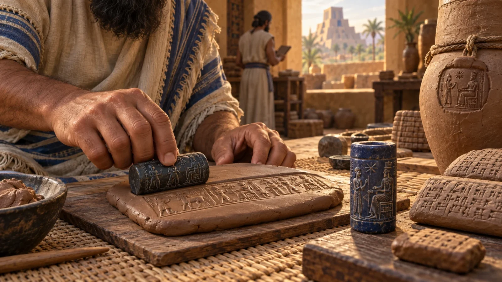 Interpretive illustration of a carved Sumerian cylinder seal being rolled across wet clay beside a jar and tablet.